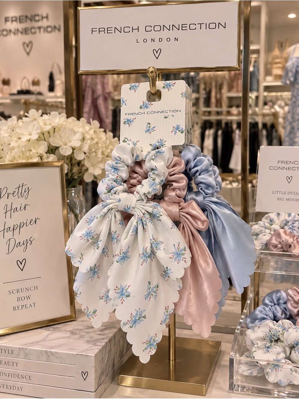 French Connection Floral & Satin scarf Scrunchie Trio - White, Pink & Blue